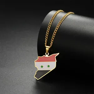 Stainless Steel Syria Map Flag Pendant Necklace Enamel Syria Country Outline Charm For DIY Jewelry Making Gift For Men Women