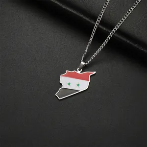 High-quality detail shot of a Syria map flag pendant necklace made of stainless steel
