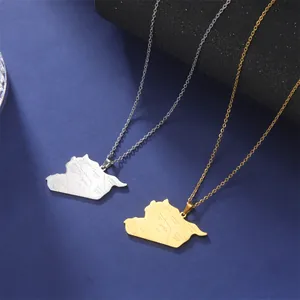 Detail of silver and gold stainless steel Syria map pendants with engraved city names