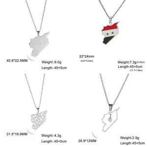 Detailed sizes and weights of four Syria map pendant necklaces in stainless steel.