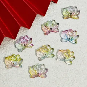 Detail view of colorful lotus glass beads for DIY jewelry making with dimensions labeled