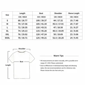 Gedetailleerde maattabel voor heren Henley T-shirt met CM en INCH afmetingen