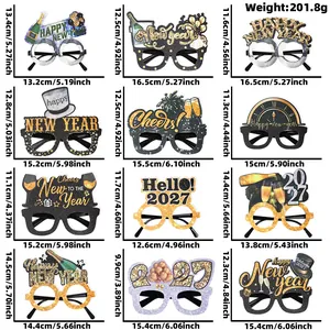 Size specifications for 12 designs of 2027 New Year's Eve party photo booth props in black