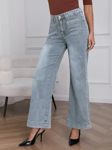 Elegant high-waisted light blue wide-leg denim jeans for women spring fashion 2025
