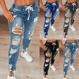 Détail du jean déchiré slim pour femme avec taille élastique à cordon en quatre coloris