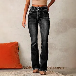Jean évasé extensible à taille haute pour femme en denim noir délavé à double bouton