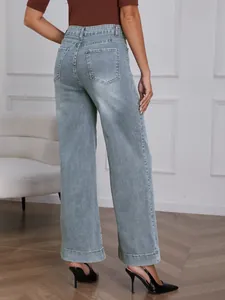 Back view of light blue high-waisted wide-leg jeans with retro vintage wash detail