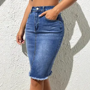 Stylish high waist denim pencil skirt featuring a frayed hem and elastic bodycon fit design