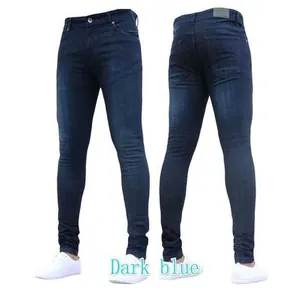 Vue détaillée avant et arrière d'un jean en denim stretch skinny bleu foncé pour hommes