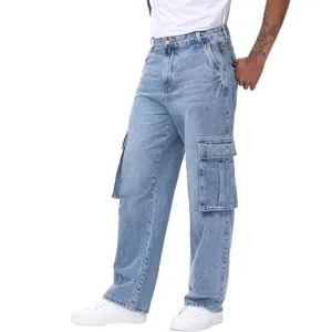 Men's loose straight fit stretch denim cargo pants with multi-pockets in light blue