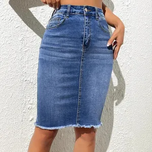 Stylish high waisted blue denim pencil skirt with frayed hemline and washed finish for women