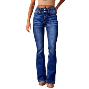 Jean classique évasé taille haute bleu foncé pour femmes avec effet délavé vintage