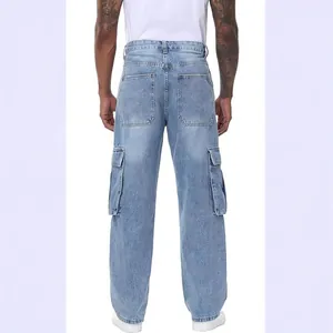 Men's light wash straight leg cargo jeans with multiple pockets and stretch fit