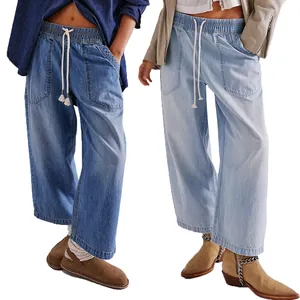 Women's Washed Cotton Denim Straight Leg Jeans Drawstring Elastic Waist Ankle Length Pants With Large Pockets For Women