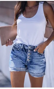 Womens high waist ripped denim shorts with button fly and distressed hem detail