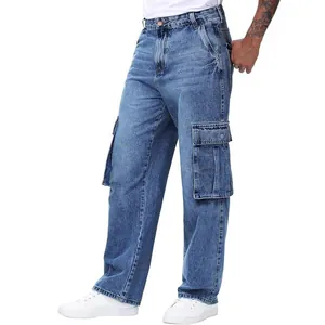 Men's loose fit straight-leg cargo jeans with multi-pockets in classic blue denim