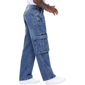 Stylish men's loose straight-leg denim cargo pants with multi-pockets in classic blue wash