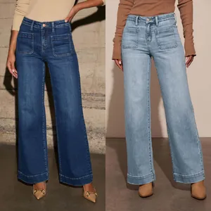 Women High Waisted Jeans Wide Leg Straight Denim Bottoms Vintage Washed Cotton Blend Pants With Pockets Casual Streetwear