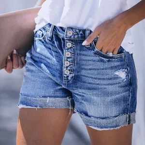 Women Distressed Denim Shorts High Waist Button Fly Cuffed Hem Elastic Washed Jeans Shorts Vintage Streetwear Bottom