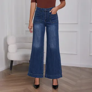 High-waisted wide-leg retro denim jeans in dark blue for women