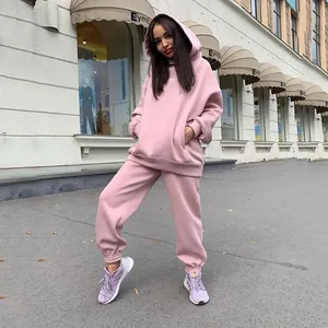 Detail view of the pink fleece-lined hooded sweatshirt and matching jogger pants set for women.