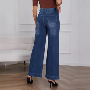 Back view of high-waisted wide-leg denim jeans for women with a vintage blue wash