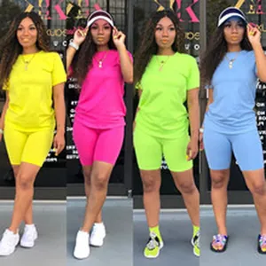Women's summer two-piece lounge set with short sleeve t-shirt and matching biker shorts
