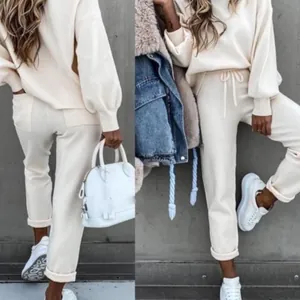 Damen Casual Hoher Kragen Langarm Hoodie Und Kordelzug Hose Oberteil Und Hose Set Herbst Winter Baumwolle Sportbekleidung