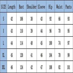 Size chart table for sports casual two-piece set with detailed measurements