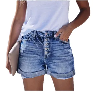 Stylish high waisted distressed blue denim shorts with button fly and cuffed hem for women