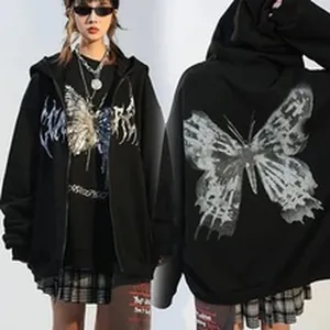 Detail view showing front and back of oversized black hoodie with gothic butterfly print