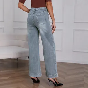 Stylish high-waisted wide-leg denim jeans with vintage wash and slimming straight cut