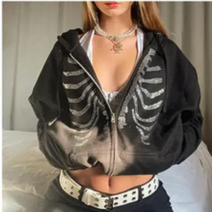 Detail view of women's black skeleton rhinestone zip-up hoodie with vintage Y2K style