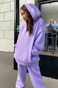Detail shot of oversized purple hoodie and matching sweatpants two-piece set on model