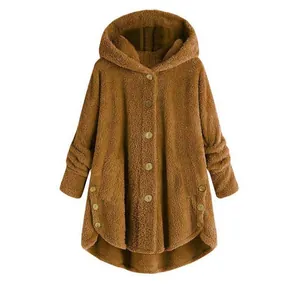Cozy brown teddy fleece hooded jacket with irregular hem and side button details