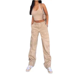 Pantalon cargo kaki à jambe large et taille haute pour femme avec plusieurs poches