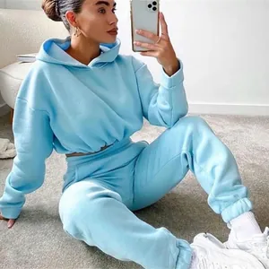 Detailansicht hellblauer zweiteiliger Trainingsanzug mit kurzem Hoodie und Jogger