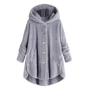 Detailed view of gray plush hooded jacket featuring wood buttons and an irregular hem