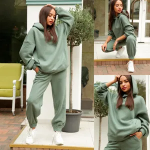 Sage green oversized hooded sweatshirt and jogger two-piece set for women lounge wear