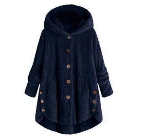 Detail view of the soft navy fleece material and brown button accents on a hooded jacket.