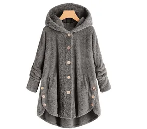 Detailed close-up of women's grey hooded plush jacket featuring large wooden buttons