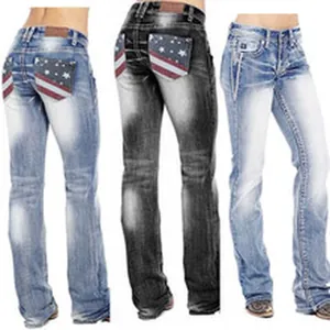 Women's washed denim jeans with American flag pocket detail in multiple views