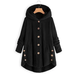 Detail view showing plush texture and wooden button accents on black irregular hooded coat