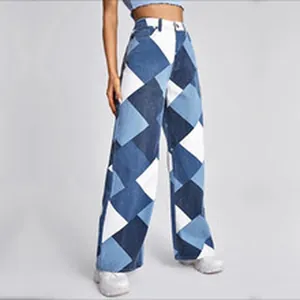 Women's wide-leg denim trousers featuring unique blue and white geometric patchwork