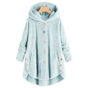 Detail view of a light blue fuzzy hooded jacket for women featuring stylish wood buttons