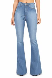 Detailed front view of high-waisted light blue flared jeans on a model silhouette