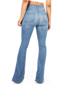 Full back view of high-waisted micro-flare denim jeans in a stylish light blue wash finish
