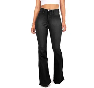 Detailed studio shot of premium black high-waisted flared jeans for women on model