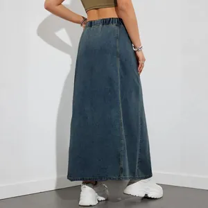 Retro washed high-waisted denim maxi skirt with comfortable elastic waist design