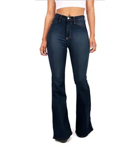 Full view of elegant high waisted dark blue flare jeans on model with white background
